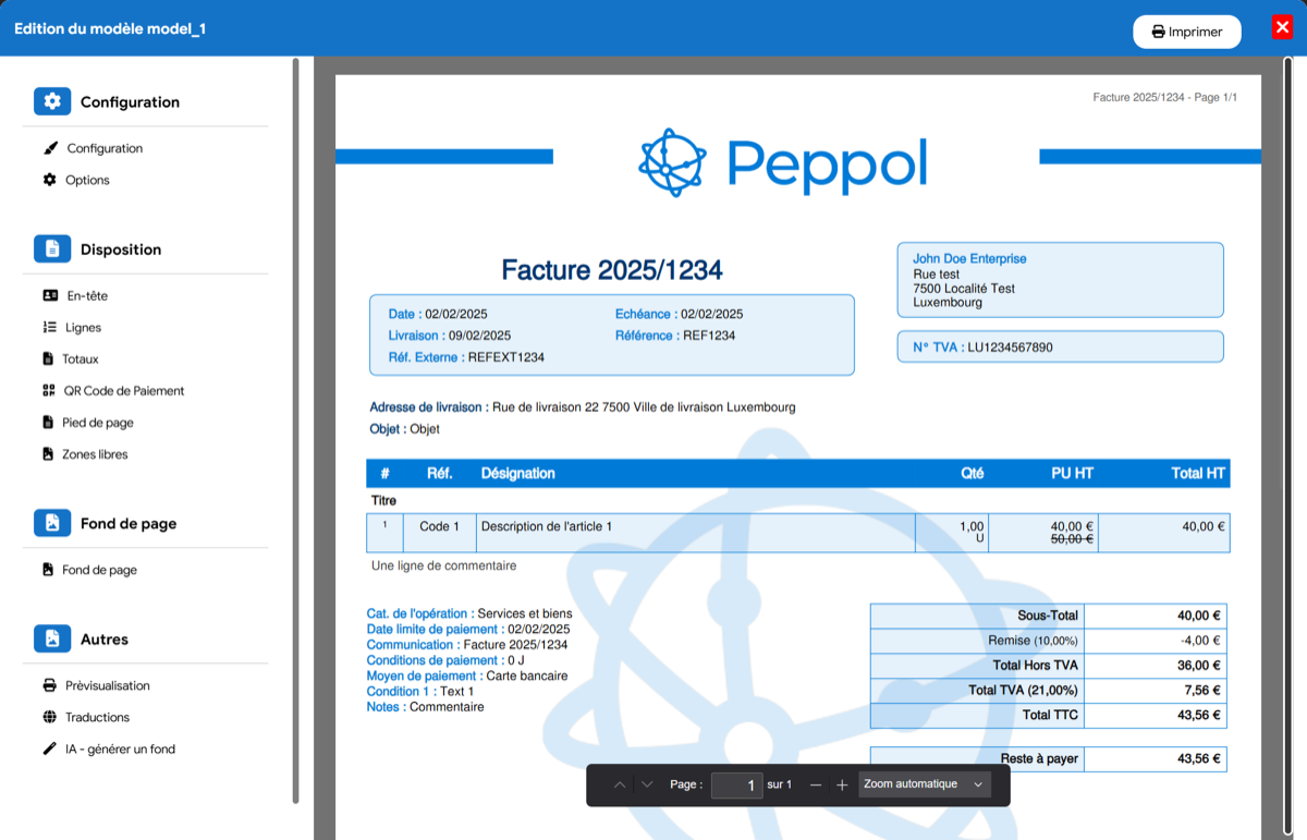 Editor for customisable quote and invoice templates with a QR code in Flexina