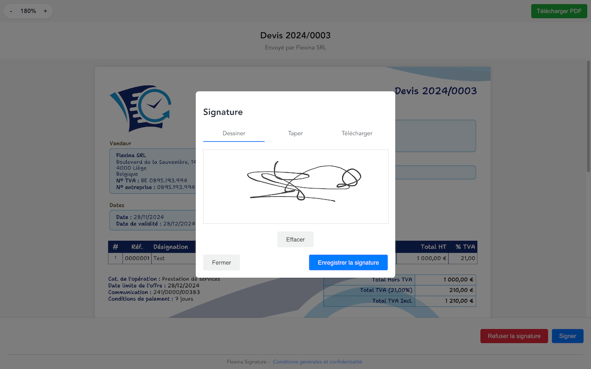 Electronic signature of quotes and purchase orders in Flexina