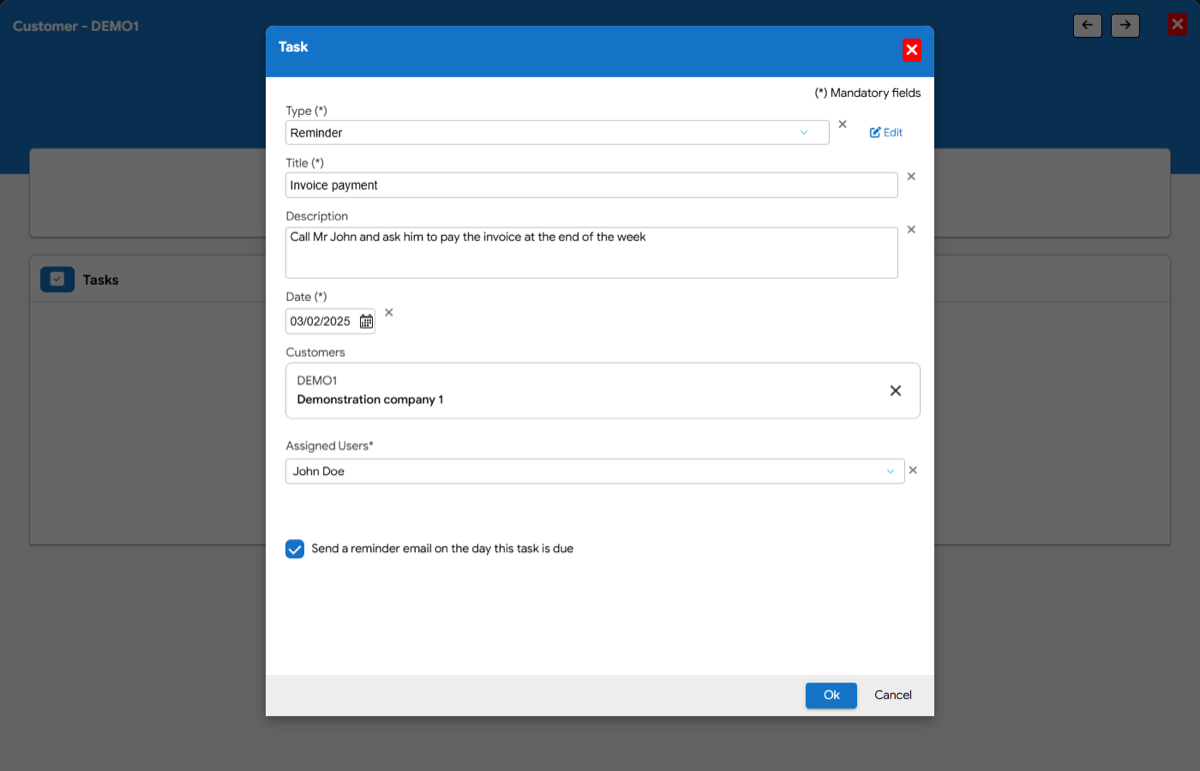 Built-in CRM: client records, tasks and reminders in Flexina