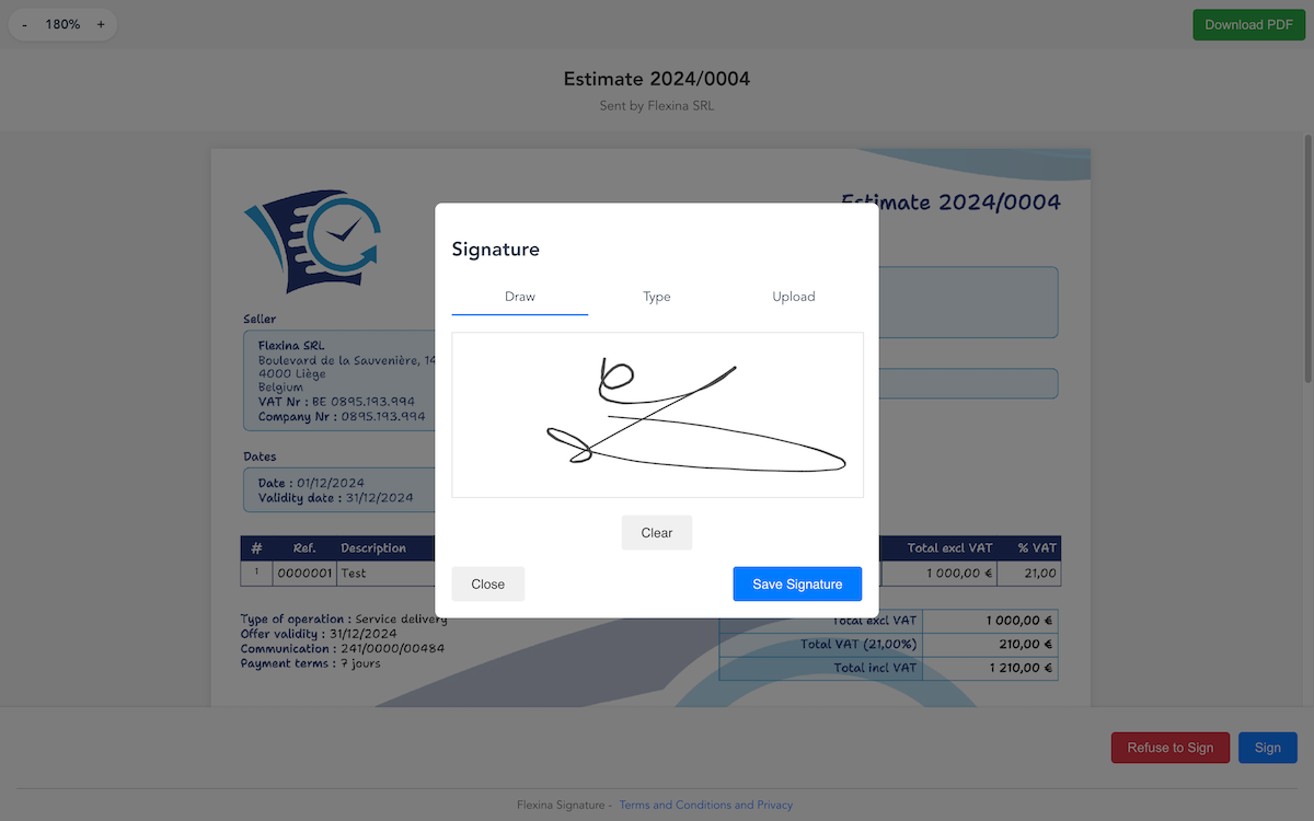 Electronic signature of quotes and purchase orders in Flexina