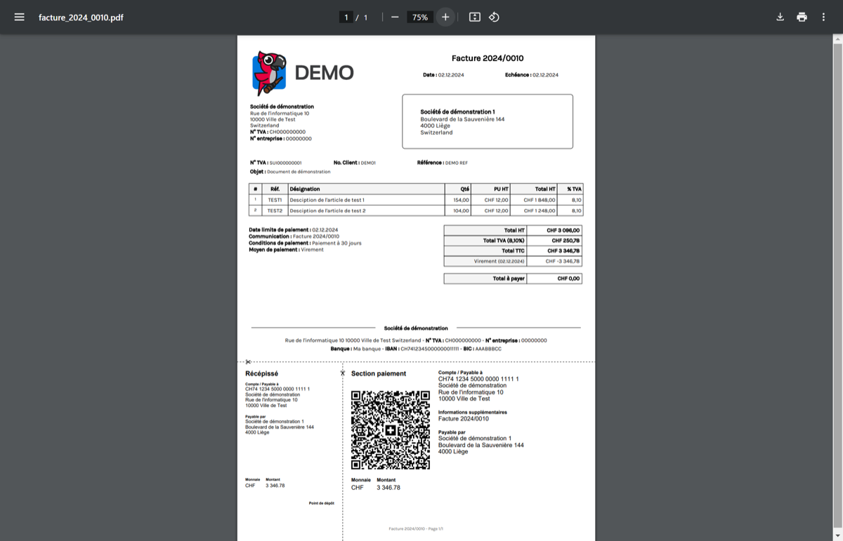 Facture avec QR-facture suisse conforme à la norme Swiss QR Code dans Flexina