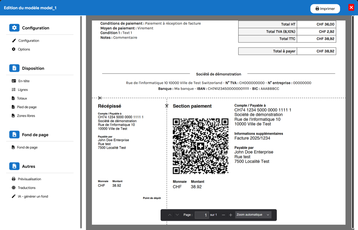 Modèles de devis et factures personnalisables avec QR-code pour la Suisse dans Flexina