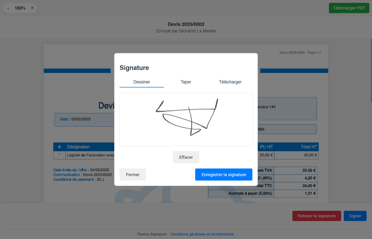 Signature électronique des devis dans le logiciel Flexina
