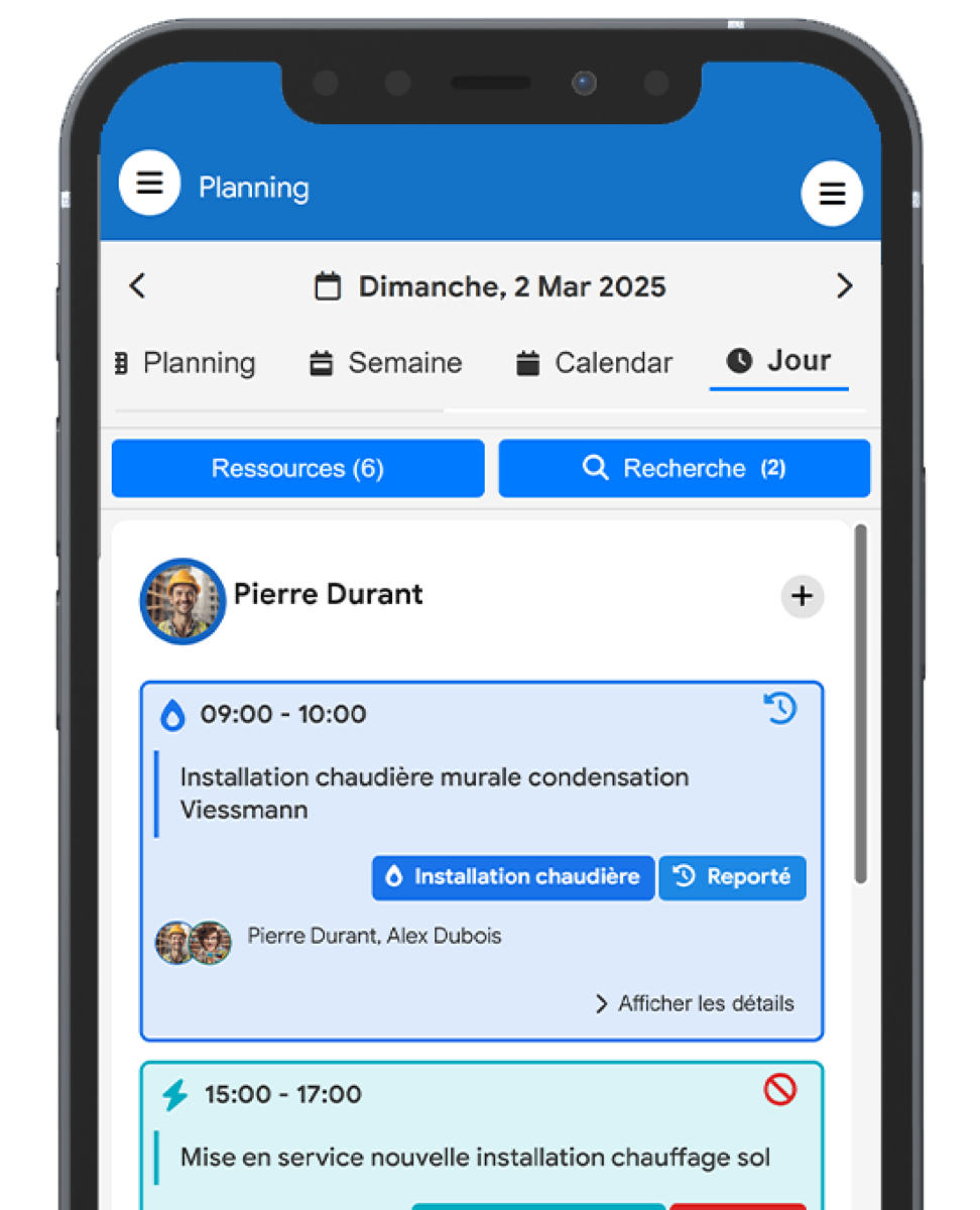 Interface de gestion du planning mobile