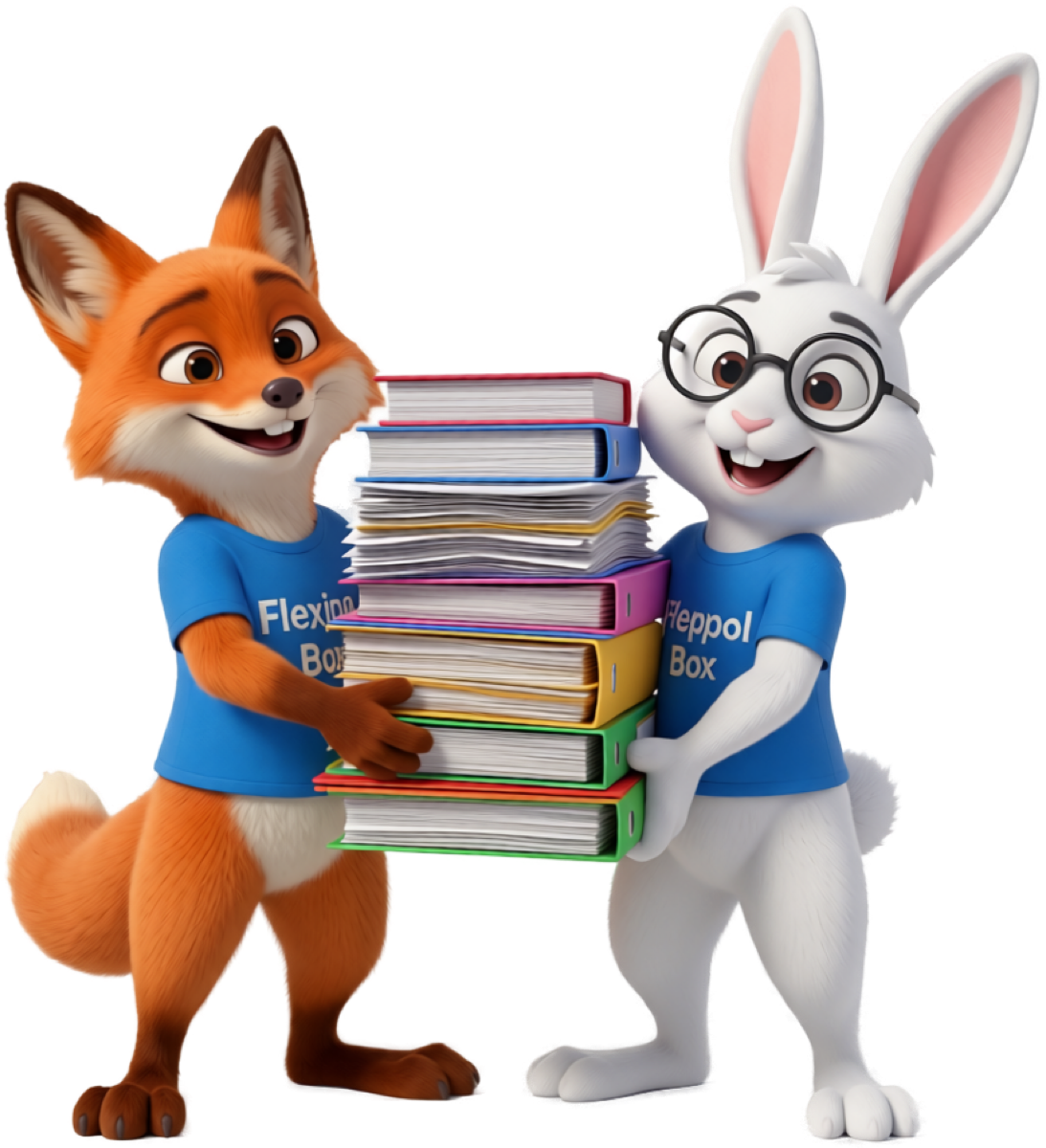The Flexina (fox) and Peppol Box (rabbit) mascots delivering a stack of invoices to the accountant