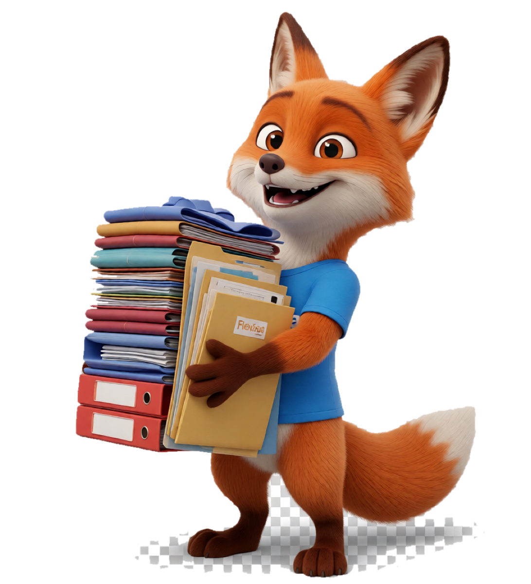 The Flexina mascot delivering neatly sorted invoice folders