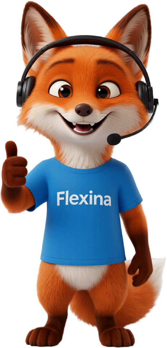 The Flexina support team, shown as the fox mascot wearing a headset, handling your clients' technical questions