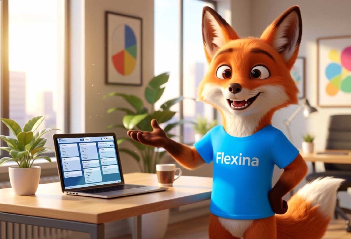 Flexina, logiciel de facturation certifié NF525 — la mascotte renard présente le tableau de bord