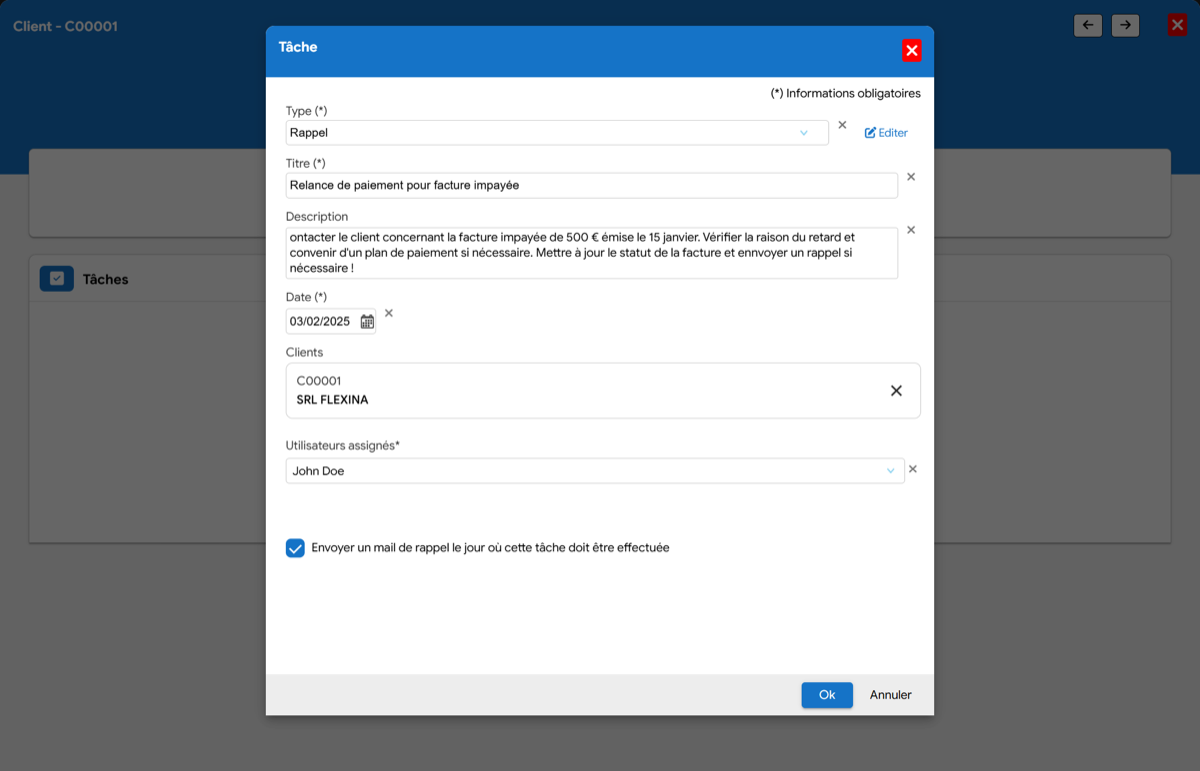 CRM intégré : fiches clients, tâches et relances dans Flexina