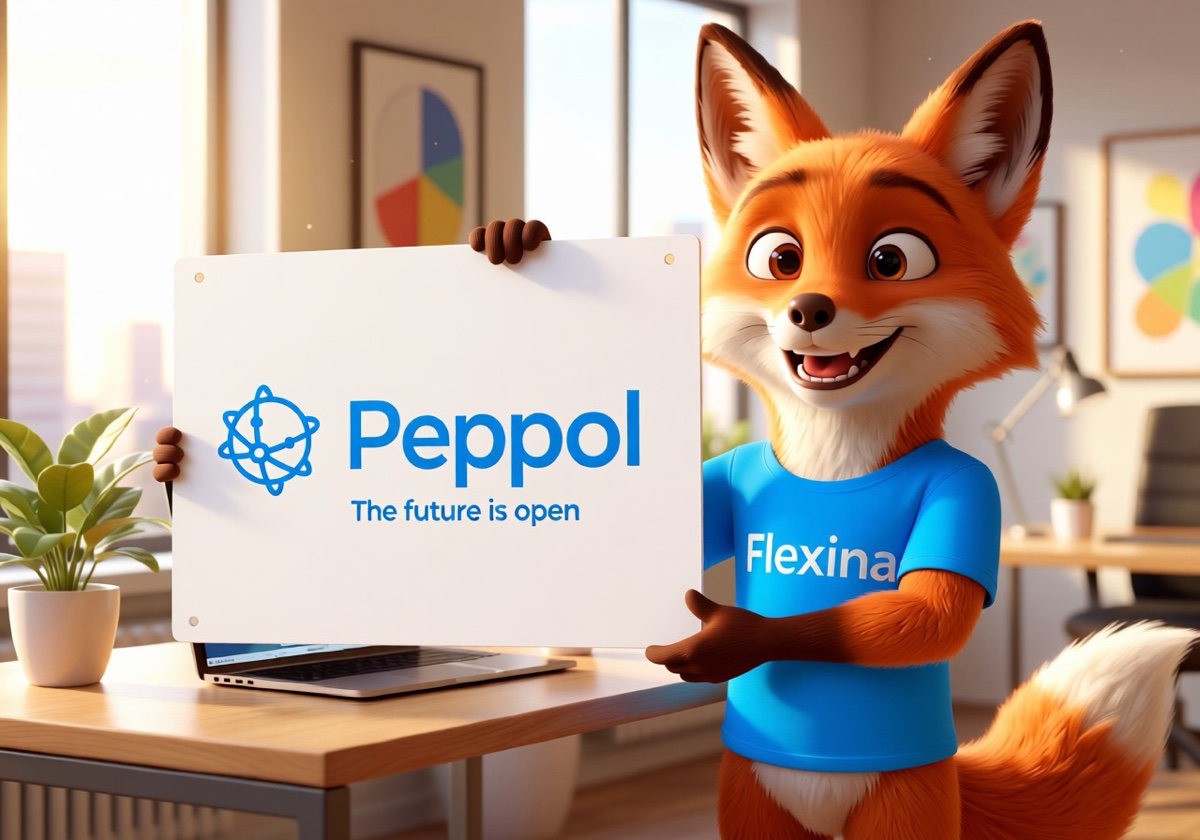 Flexina, Peppol e-invoicing software in Belgium — the fox mascot presents the Peppol network