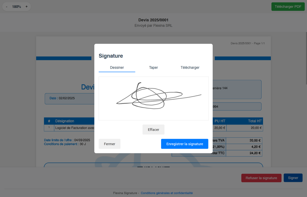 Signature électronique des devis en ligne dans Flexina