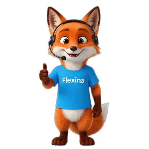 Le renard Flexina au support client, casque sur les oreilles